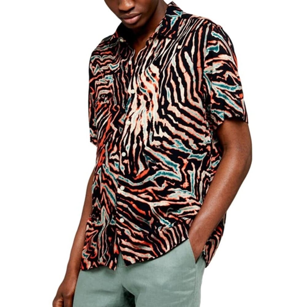 Topman Slim Fit Tiger Animal Print Shirt Sleeve Button Up Shirt, Mens Small